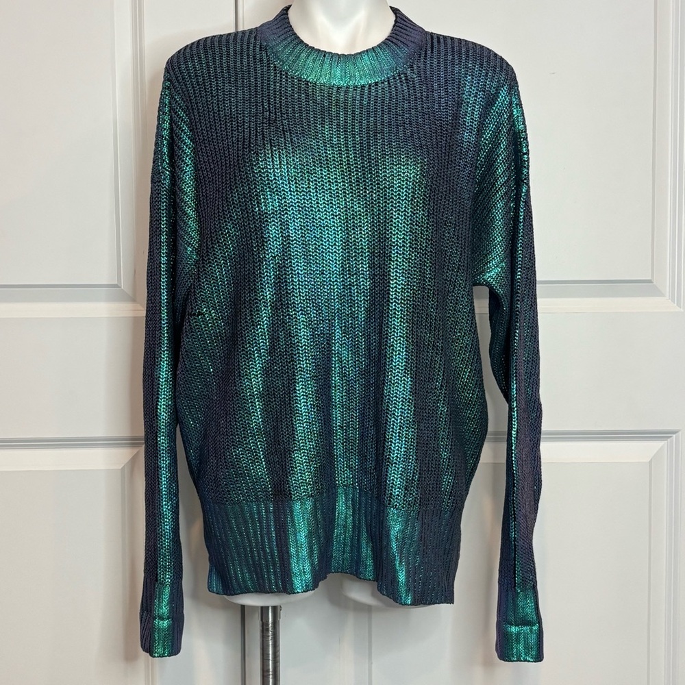 Beach Riot Callie Oversized Crew Sweater Galaxy Shine Iridescent Teal S